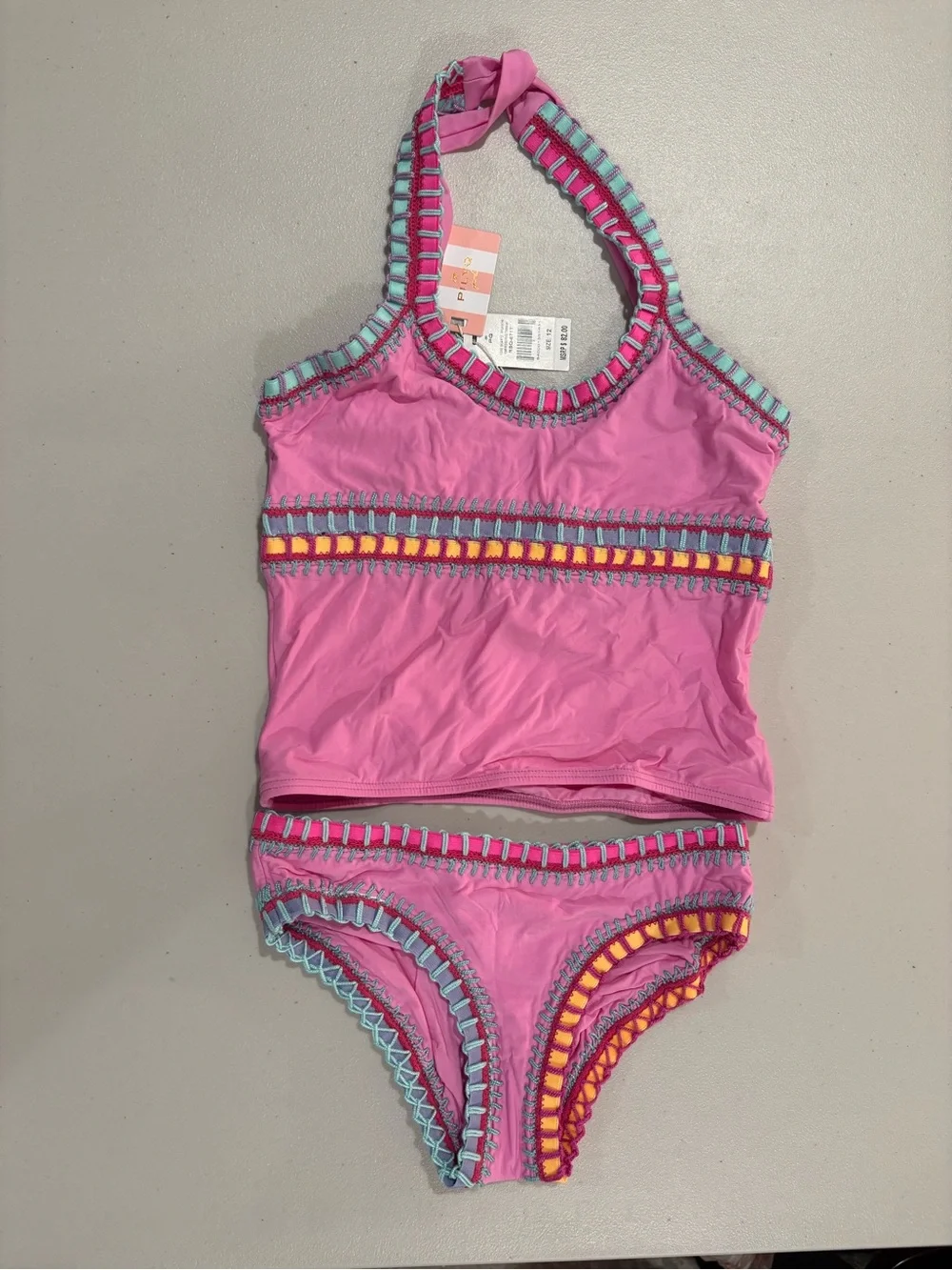 Pilyq Pink Girls' Two-Piece Tankini with Color-Block Trim